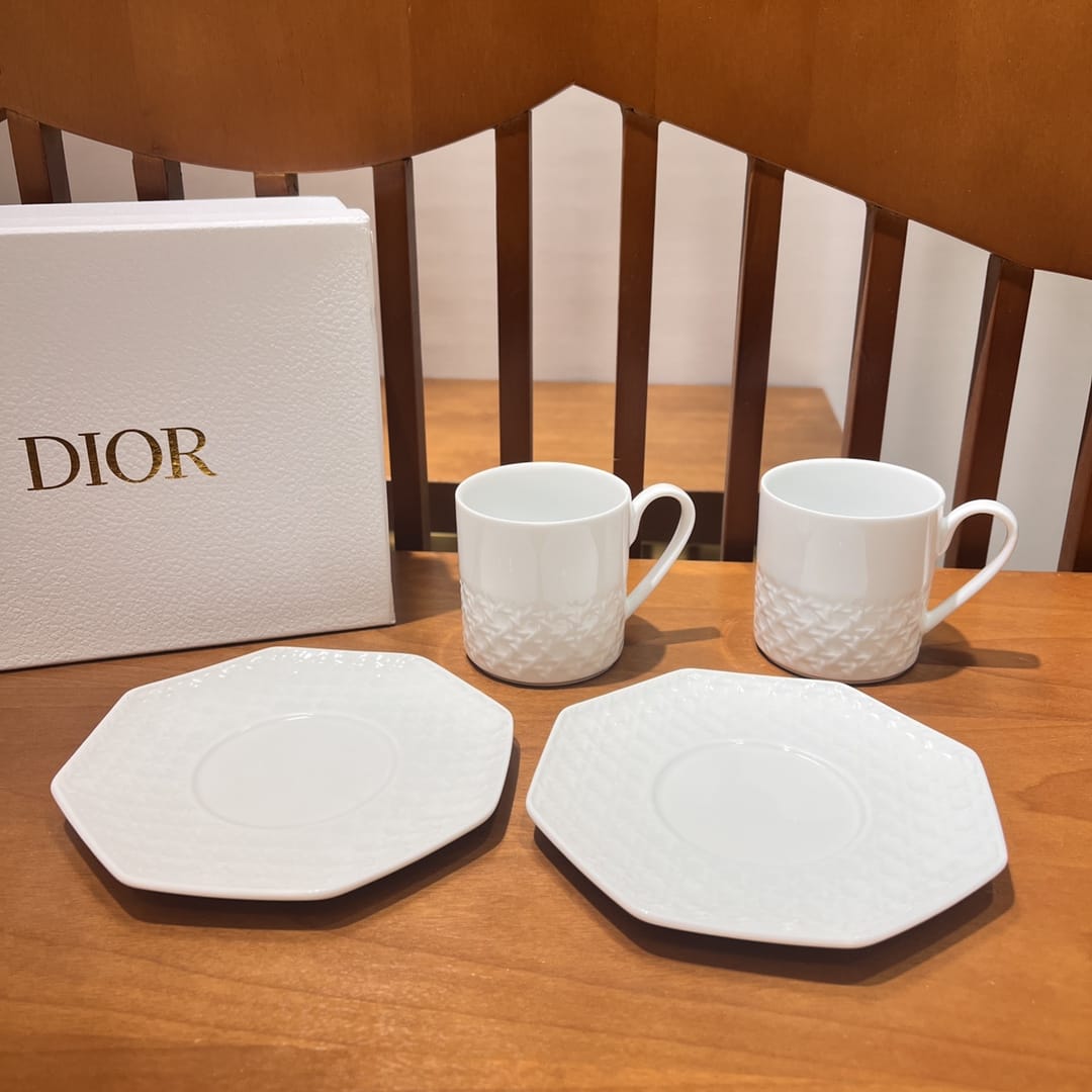 Dior Tea set of two white cups with saucers. 